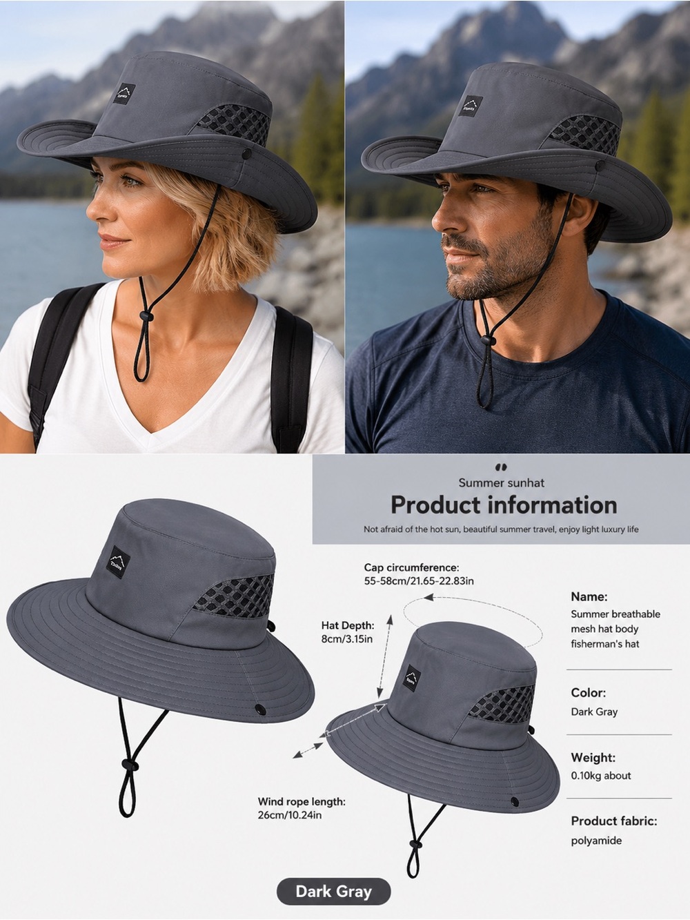 Dark Gray Wide Brim Sun Hat | Breathable Mesh | Adjustable Chin Strap | UPF